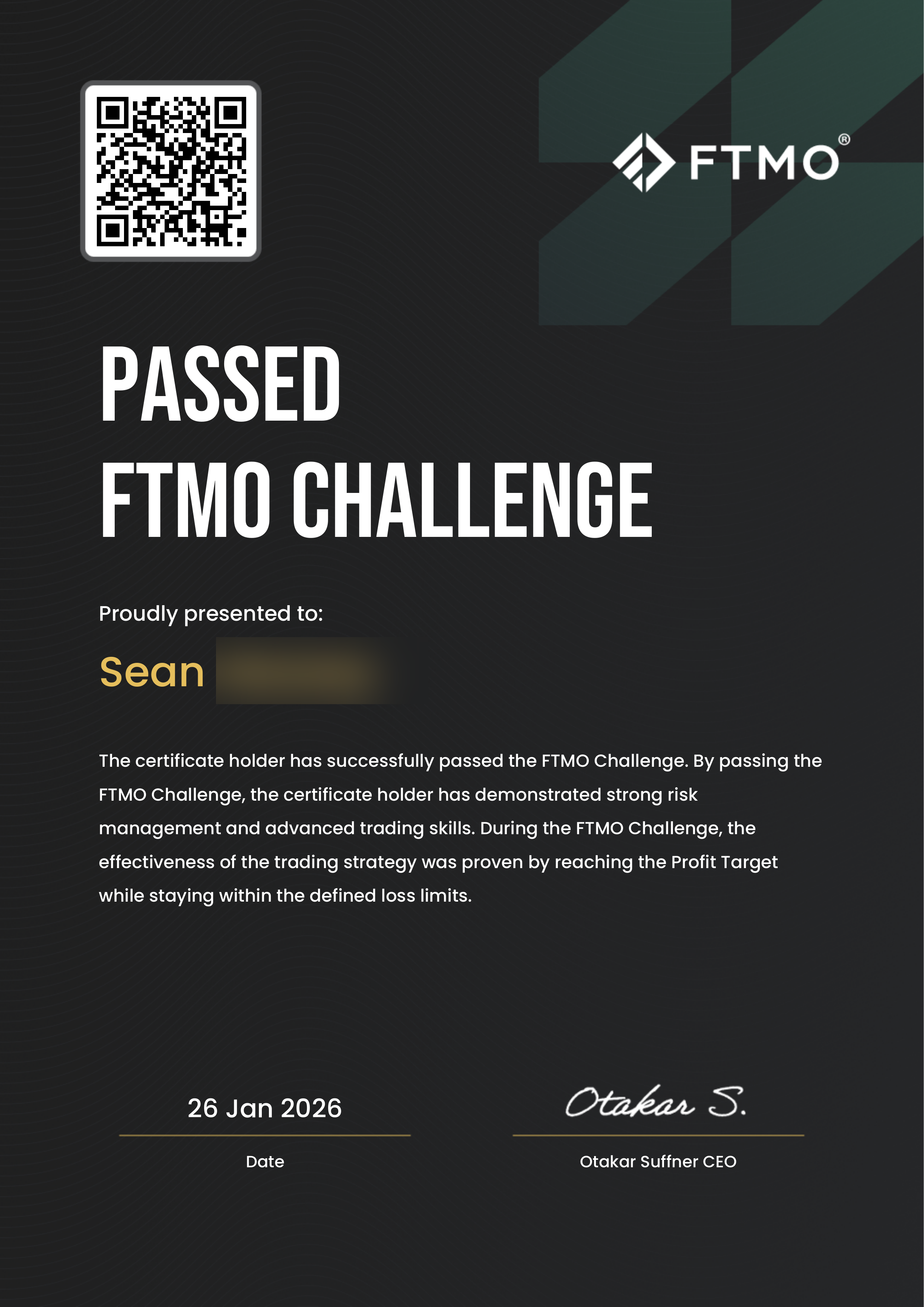 Sean FTMO Challenge Passed